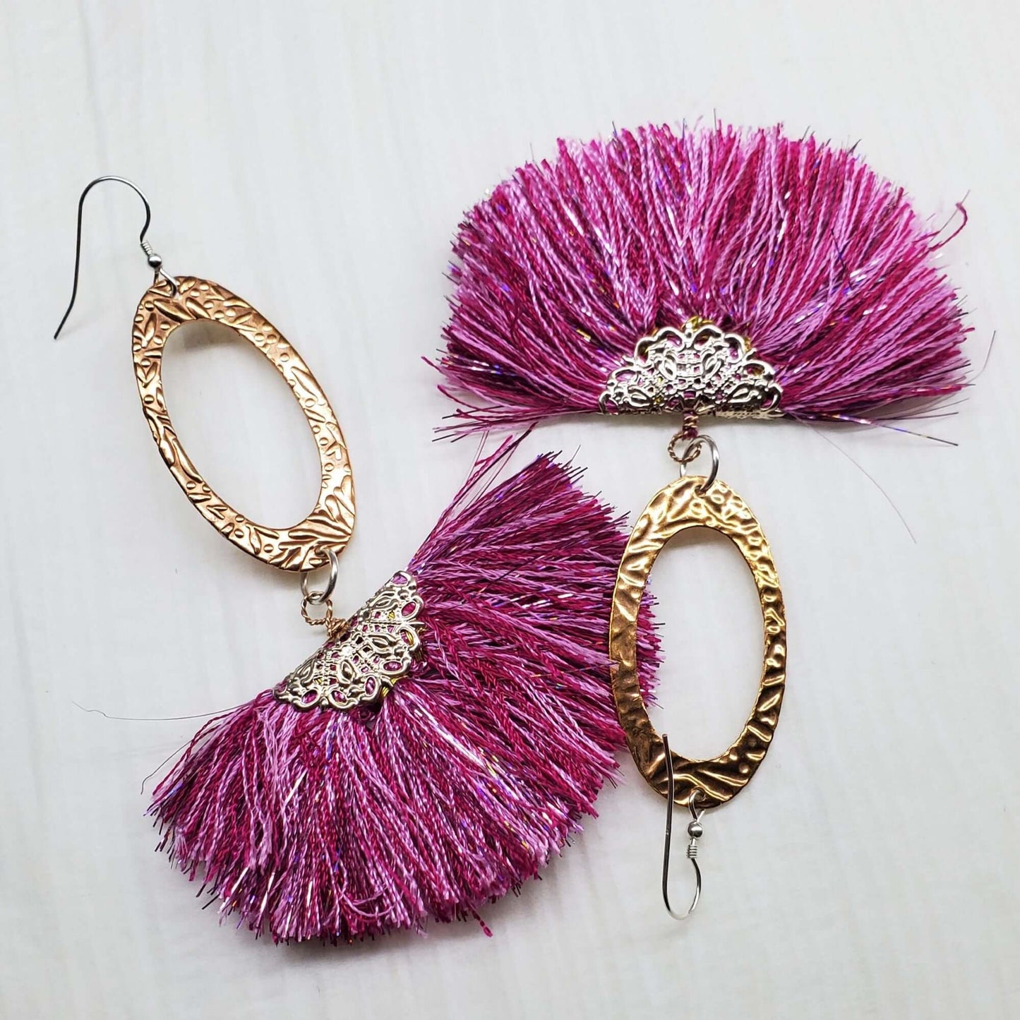 Long Copper Embossed Pink and Purple Silk Tassel Earrings