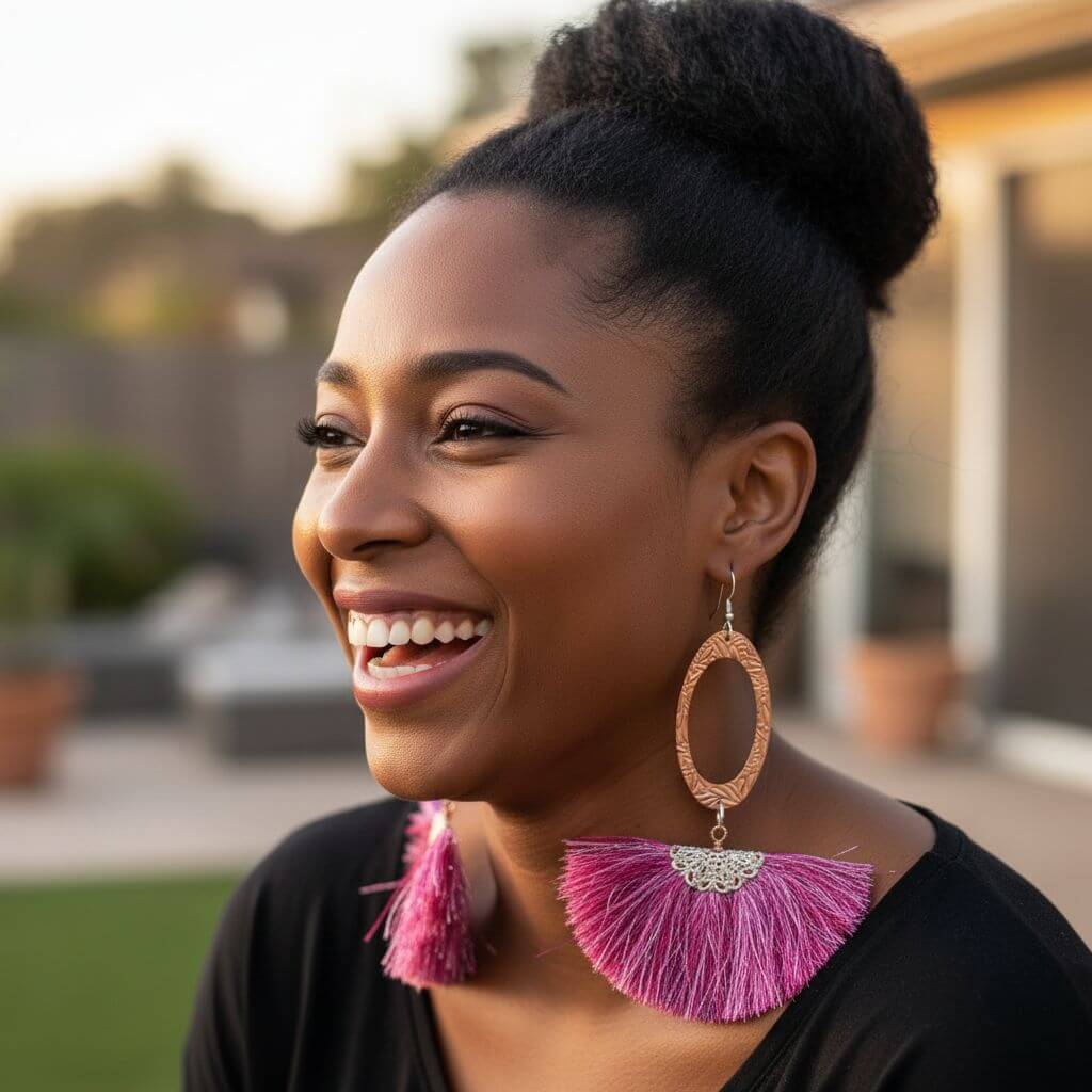 Long Copper Embossed Pink and Purple Silk Tassel Earrings