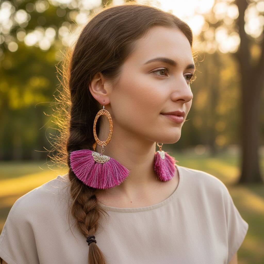 Long Copper Embossed Pink and Purple Silk Tassel Earrings