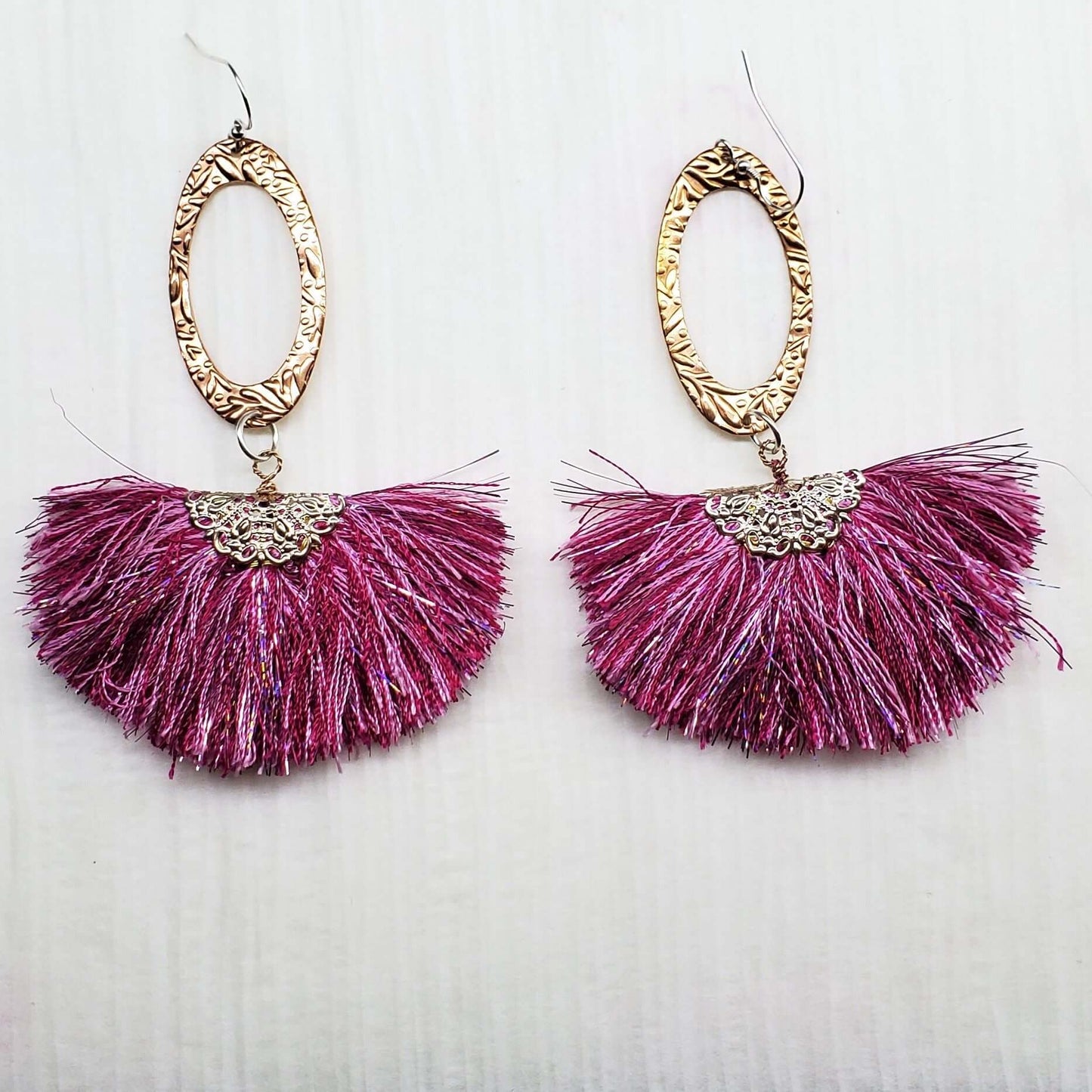 Long Copper Embossed Pink and Purple Silk Tassel Earrings
