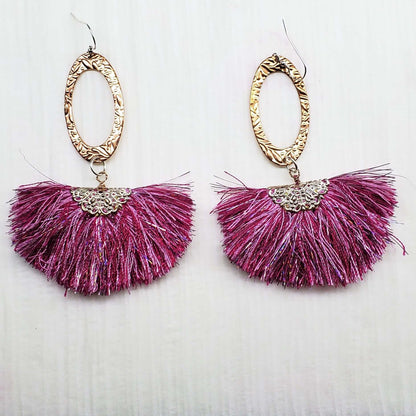Long Copper Embossed Pink and Purple Silk Tassel Earrings