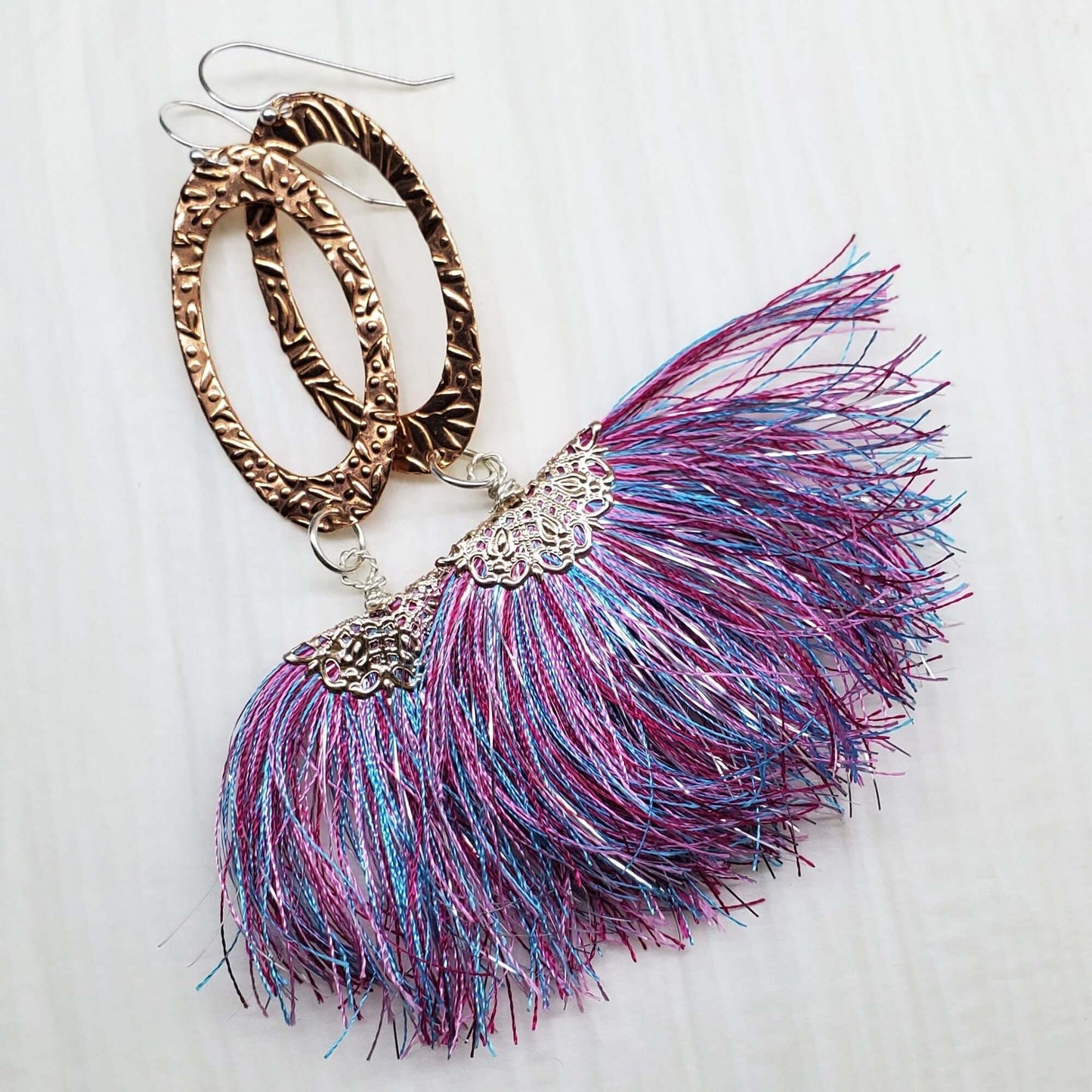 Long Copper Embossed Pink and Purple Silk Tassel Earrings