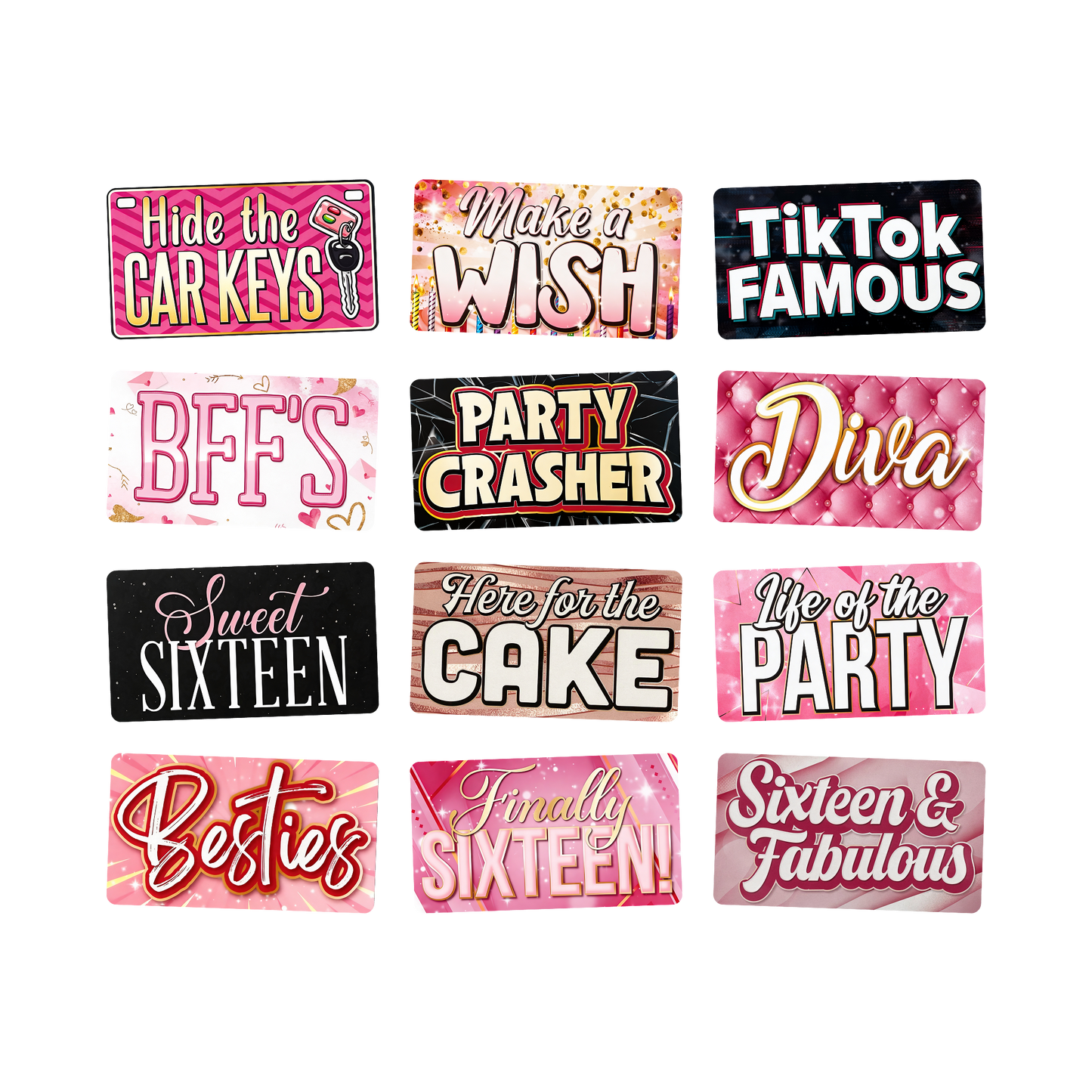 Sweet 16 Photo Booth Props - 6 Double-Sided PVC Signs