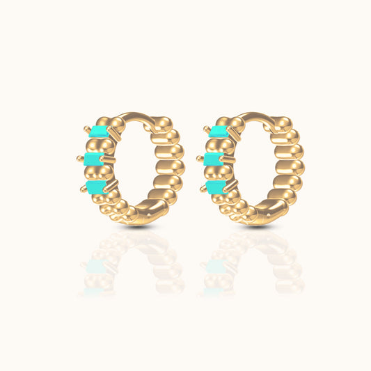 Turquoise Beaded Croissant Ribbed Retro Huggie Hoop Earrings