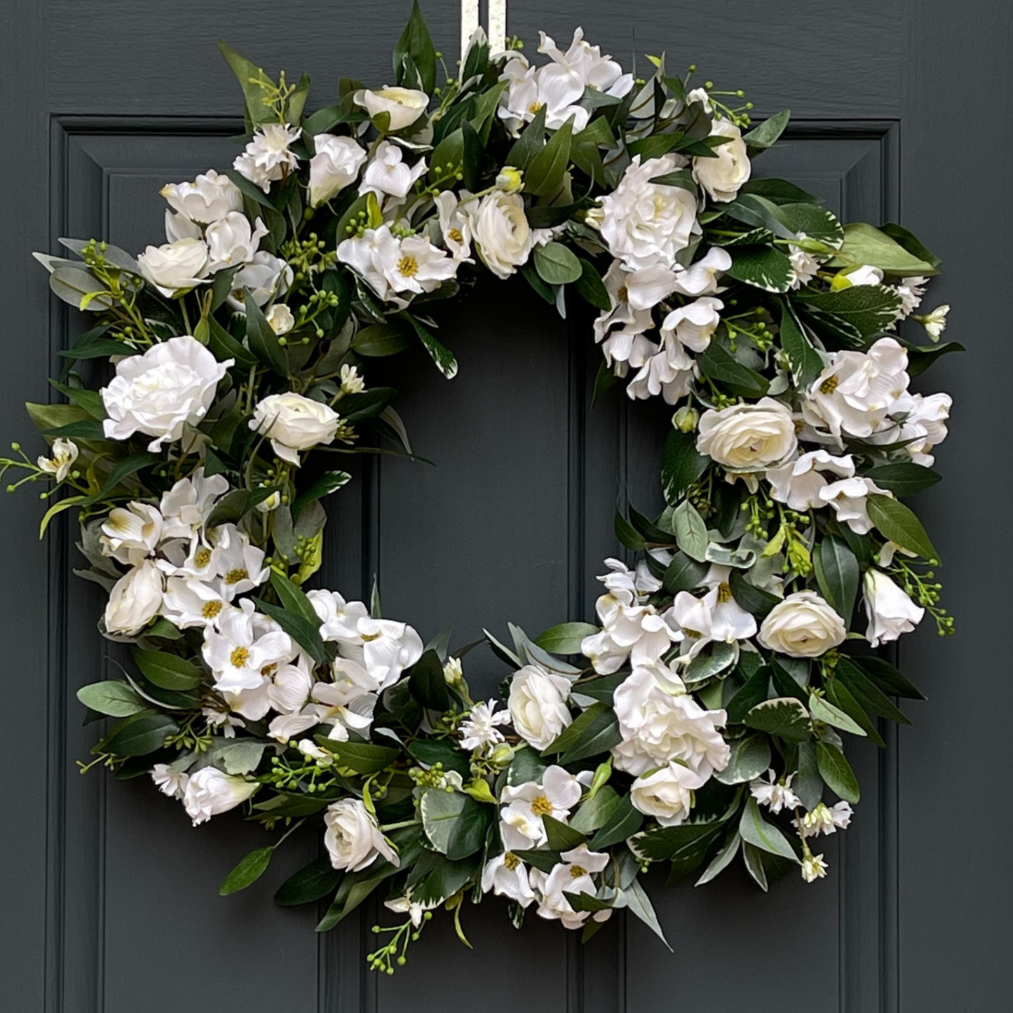 White and Green Dogwood Ranunculus Spring Wreath