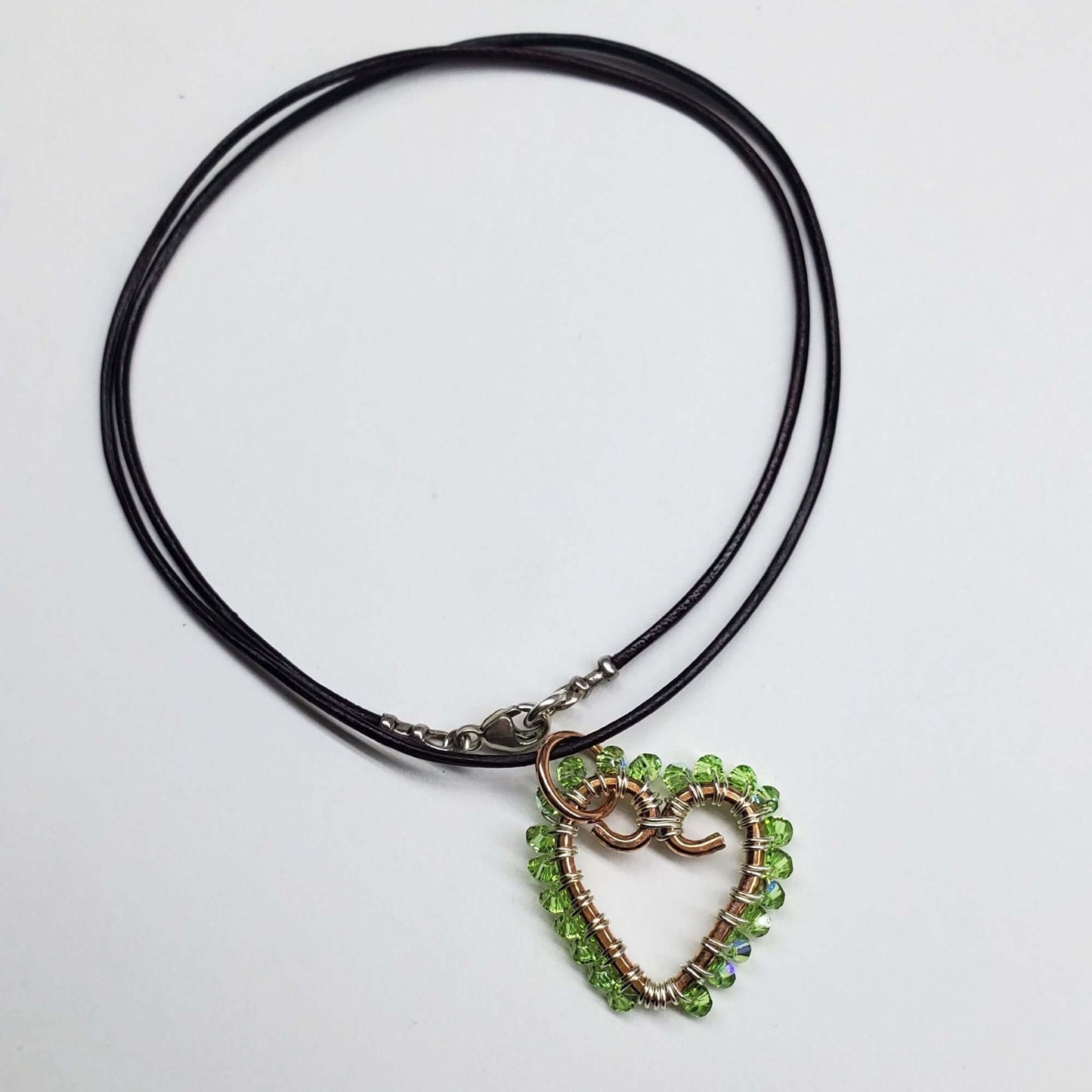 Wire Wrapped Copper Hammered Open Heart Crystal Necklace