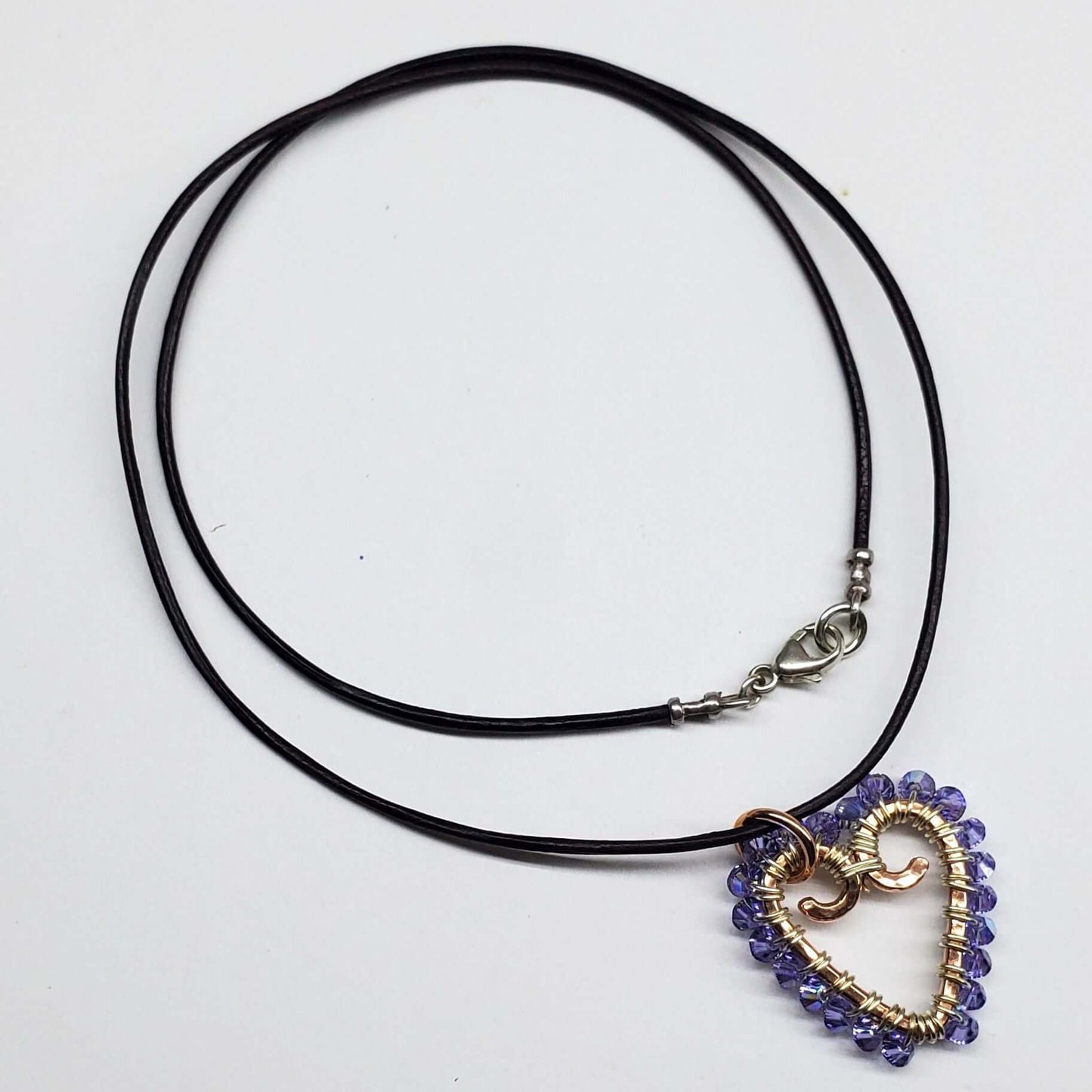 Wire Wrapped Copper Hammered Open Heart Crystal Necklace