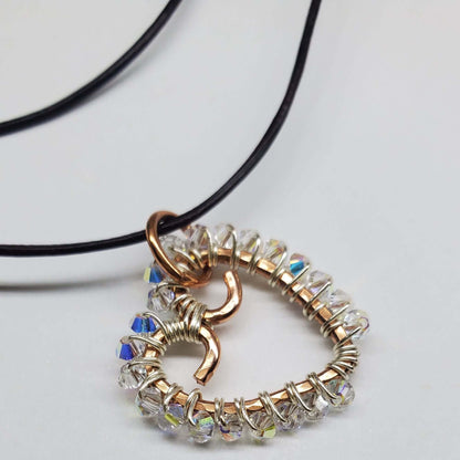 Wire Wrapped Copper Hammered Open Heart Crystal Necklace