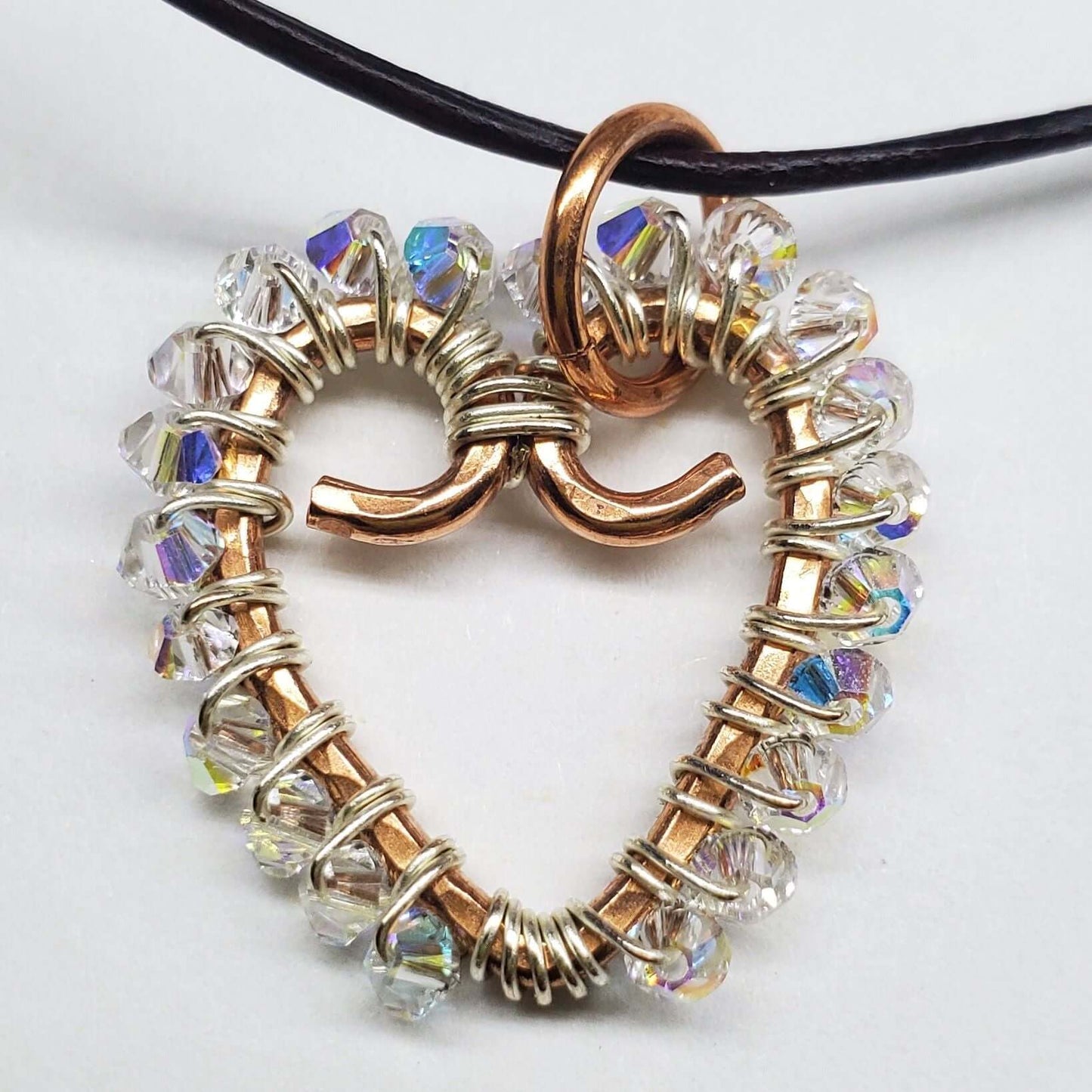 Wire Wrapped Copper Hammered Open Heart Crystal Necklace