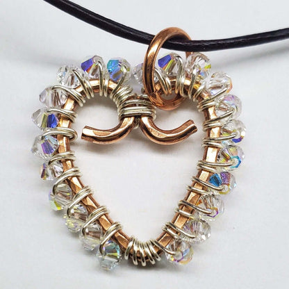 Wire Wrapped Copper Hammered Open Heart Crystal Necklace