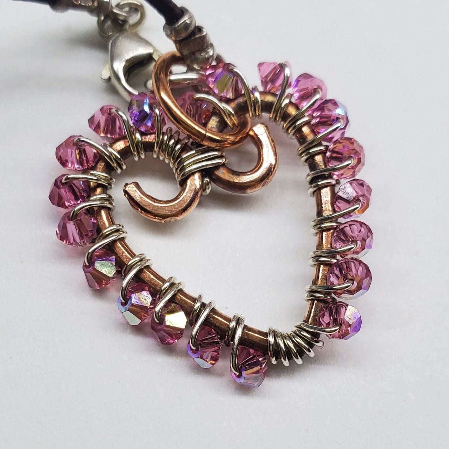 Wire Wrapped Copper Hammered Open Heart Crystal Necklace