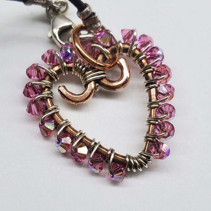 Wire Wrapped Copper Hammered Open Heart Crystal Necklace