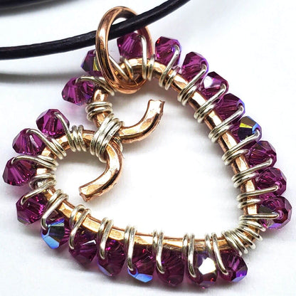 Wire Wrapped Copper Hammered Open Heart Crystal Necklace