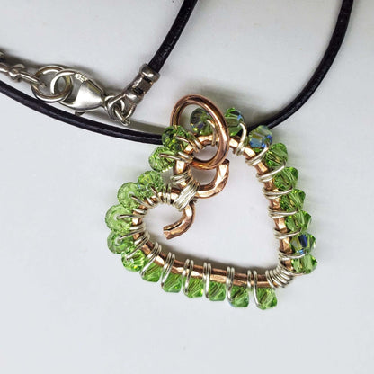 Wire Wrapped Copper Hammered Open Heart Crystal Necklace