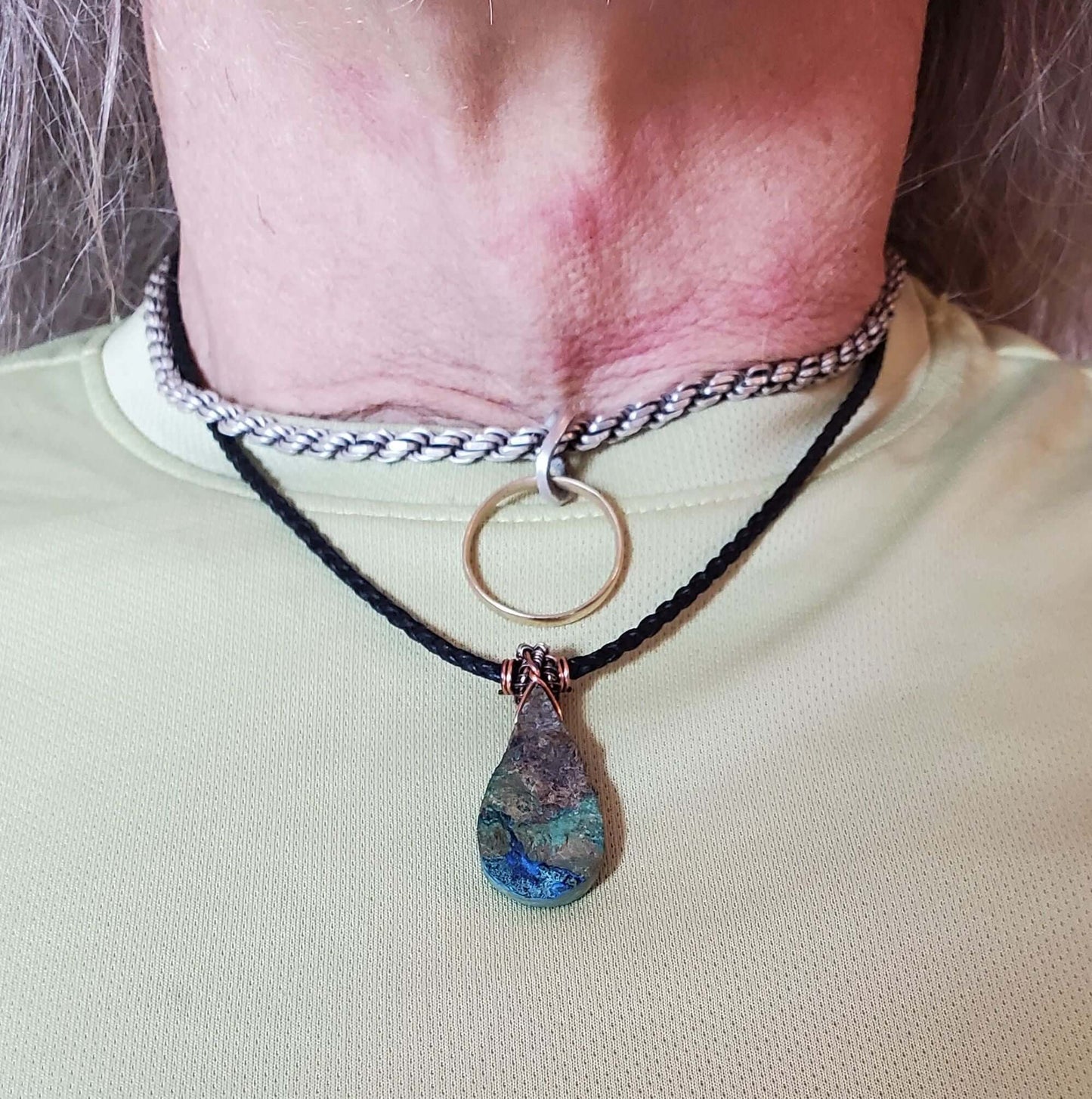 Wire Wrapped Copper Natural Azurite Malachite Drop Vegan Cord Necklace