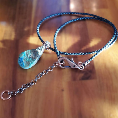 Wire Wrapped Copper Natural Azurite Malachite Drop Vegan Cord Necklace