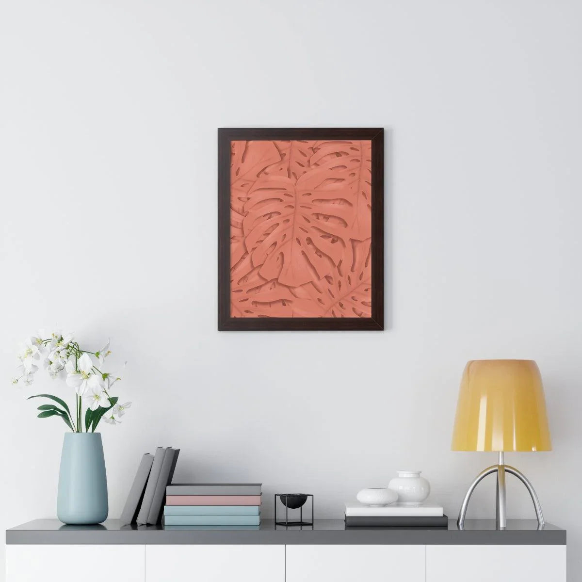 Coral Monstera Framed Print – Botanical Wall Art