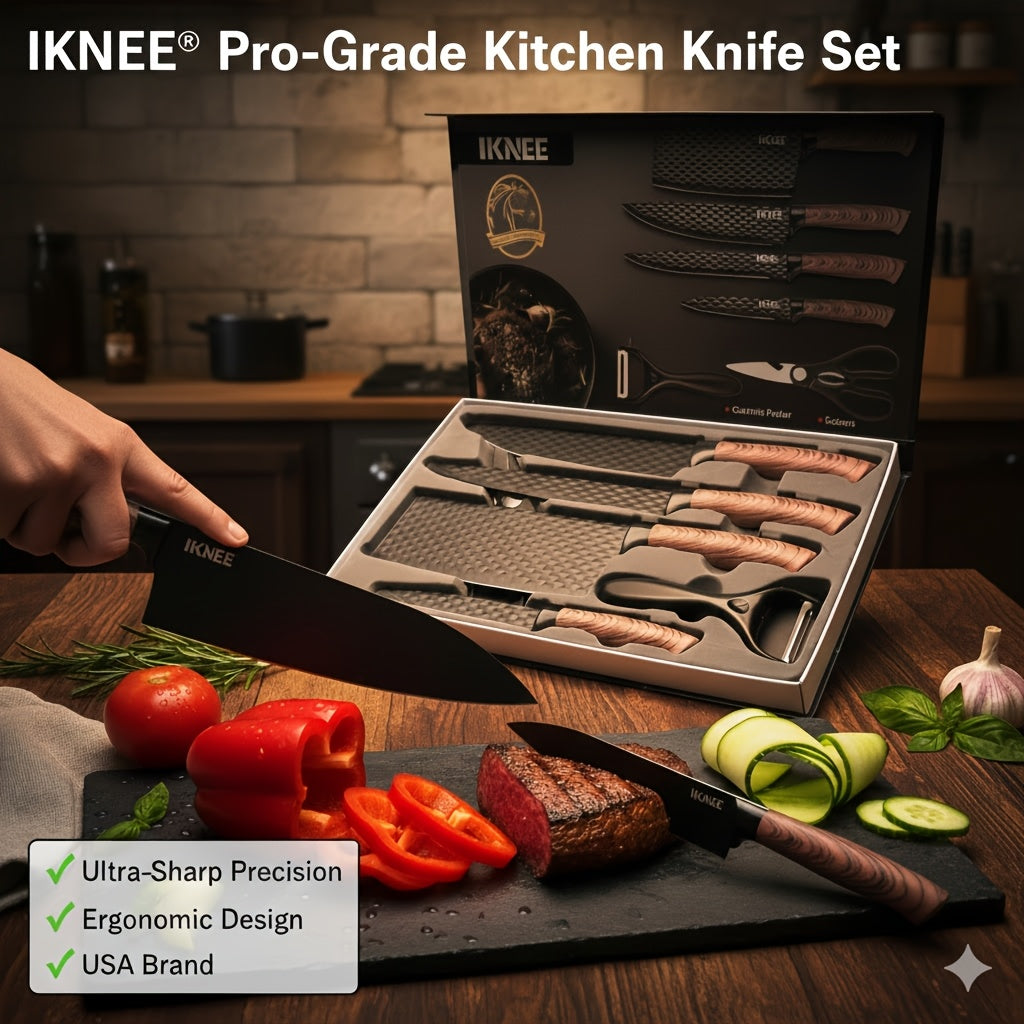 Professional 6pcs Kitchen Knife Set - Chef's Knife, Slicing Knife, Scraper, and Scissors - High Carbon Stainless Steel with Ultra-Sharp Blades, Non-Stick Ergonomic Wooden Handles - Ideal for Home, Travel, and Gift Box Set