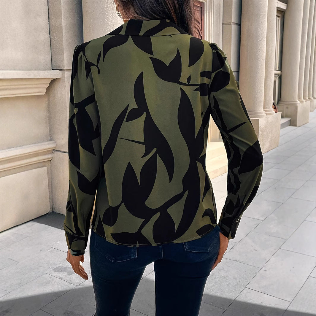 Womens Elegant Abstract Print Blouse - 3D Embellished Long Sleeve Commuter Top