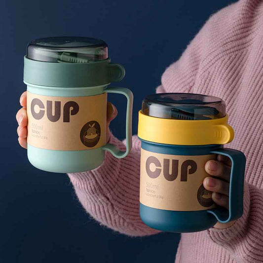 Student Breakfast Milk  With Lid Spoon Portable Water Cup