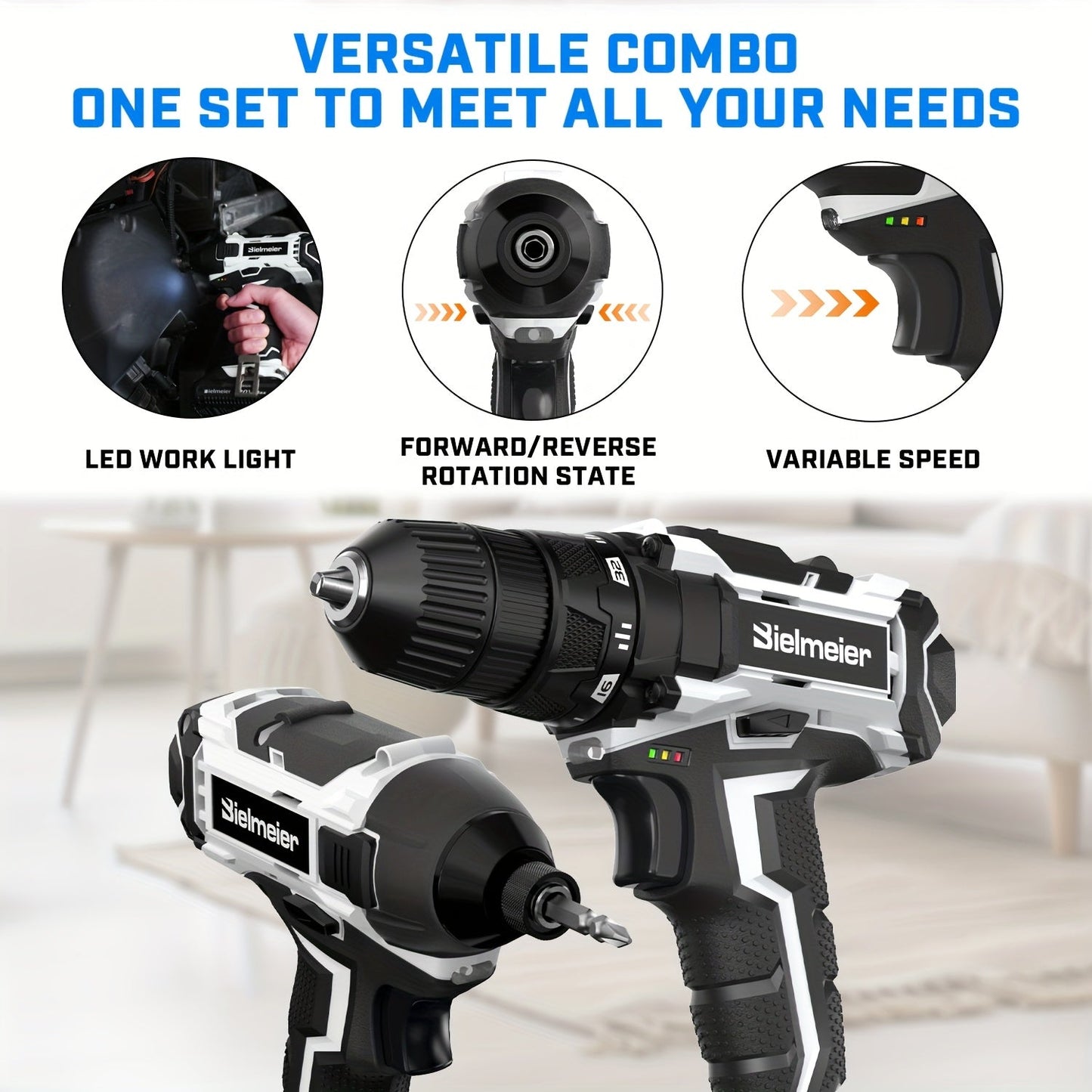 Bielmeier 20V 3/8" Drill And 1/4" Impact Driver Combo Kit, Featuring a Driving Speed of 3200RPM And a Drilling Speed of 1500RPM, Designed to Be Lightweight, with Two Speed Settings, Including 33pcs of Drive Bits And Sockets,