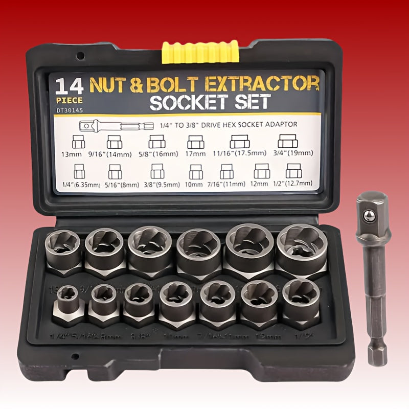 YCUPUP Nut Extractor Kit 14pcs Nut Removal Tool With 13 Bolts And Nut Removers, 1 Hex Socket Adapter For 1/4" To 3/8" Drives