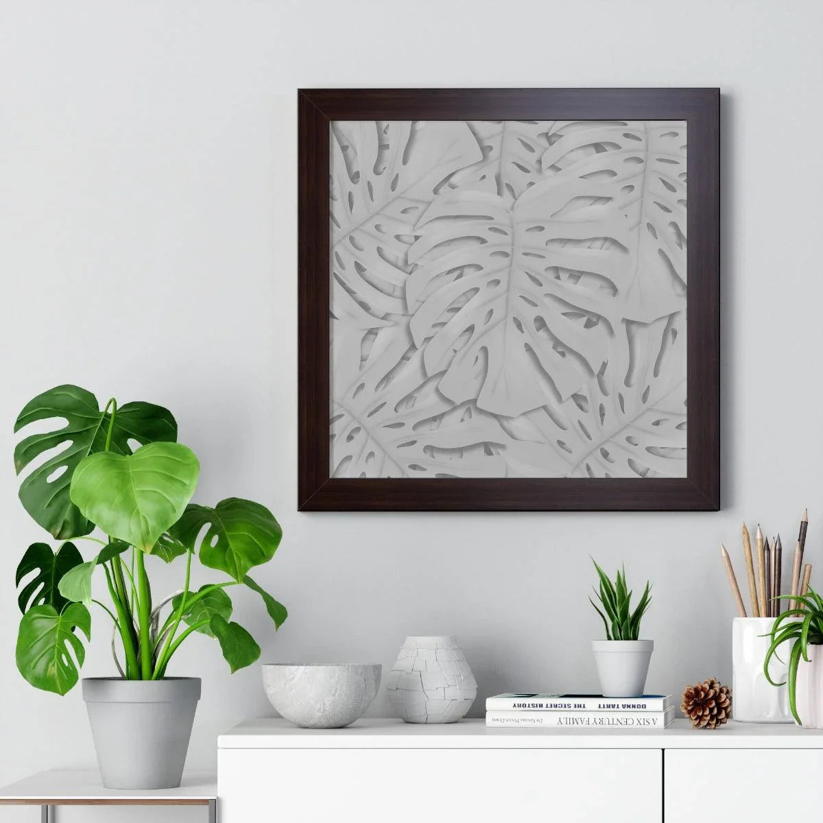 Soft Grey Monstera Framed Print – Botanical Wall Art