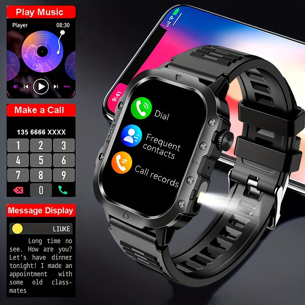 New Smart Watch with 2.01-inch Large Screen, LED Flashlight, Outdoor Sports Watch, Fitness Tracker Compatible with Android and iPhone, Halloween, Suitable for Men or Women, Versatile for Various Scenarios, Perfect Holiday Gif
