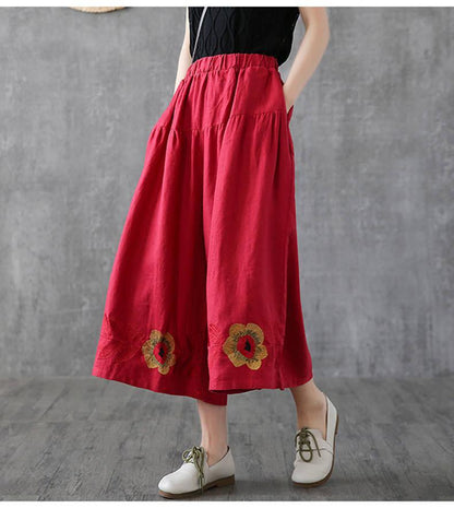 Ladies New Summer Retro Hemp Embroidered Flower Pants
