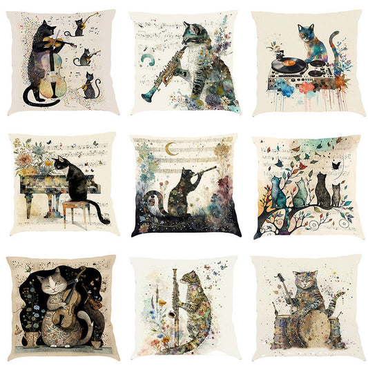Musical Cats Printed Cotton Linen Pillowcase