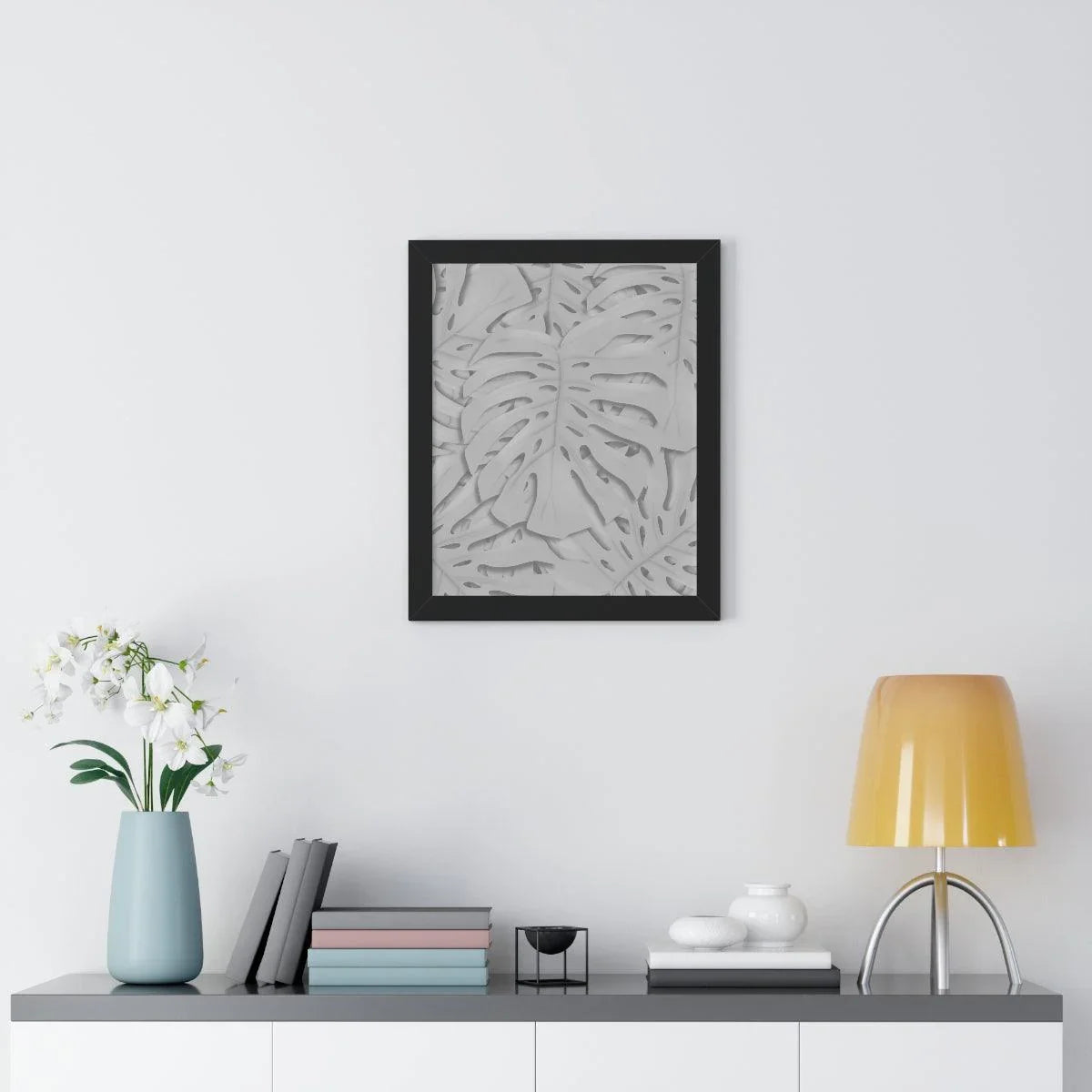 Soft Grey Monstera Framed Print – Botanical Wall Art