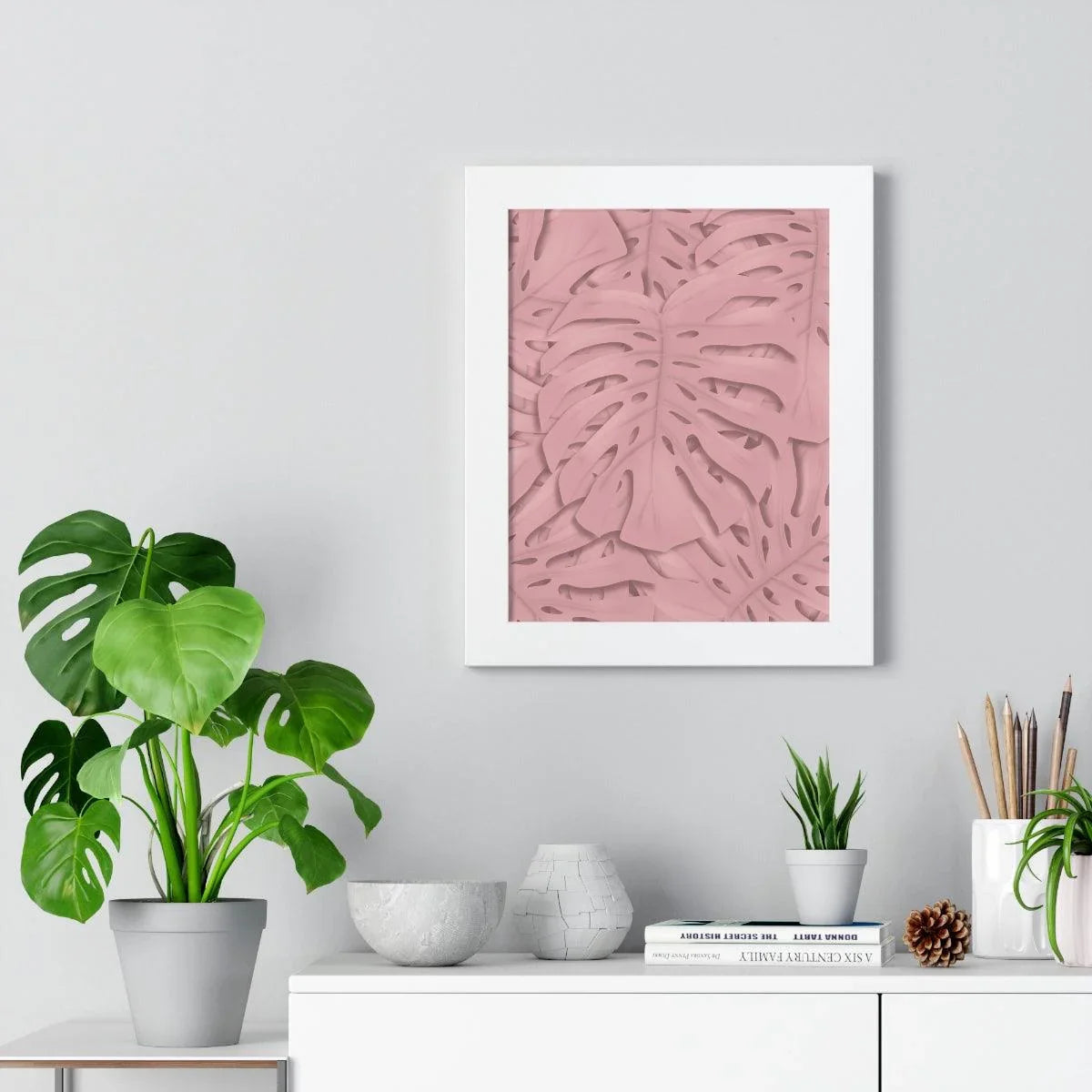 Soft Pink Monstera Framed Print – Botanical Wall Art