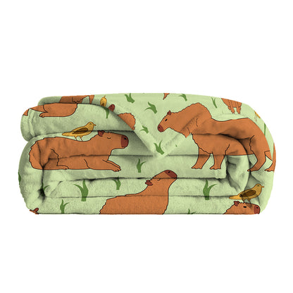1 Pce Of Flannel Bird And Capybara Combined Pattern Soft And Fluffy Multifunctional Outdoor Beach Camping Living Room Sofa Office Nap Printed Blanket