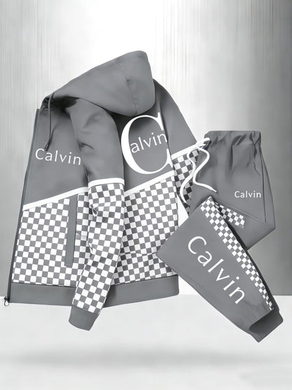 Men'S Hooded Tracksuit with Checkerboard Pattern and Calvin Letter Print | Casual Street Style, Non-Stretch Fabric, Geometric Pattern, Zipper Detail, Regular Fit for Spring/Fall