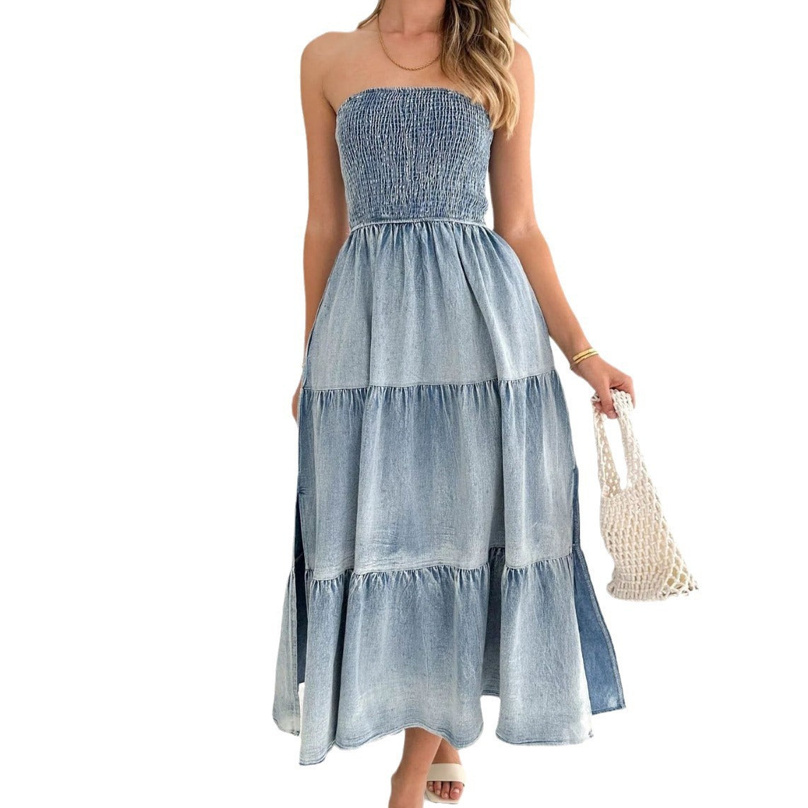 Women's Summer Elegance Hem Stitching Side Cake Denim Long Skirts