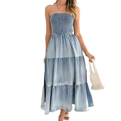 Women's Summer Elegance Hem Stitching Side Cake Denim Long Skirts
