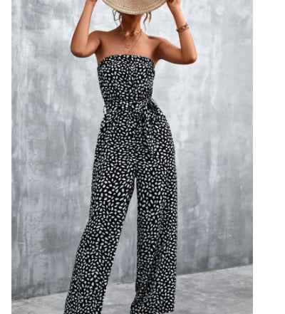 Womens Printed Bandeau Jumpsuit - Strapless Wide Leg Japandi Style Romper