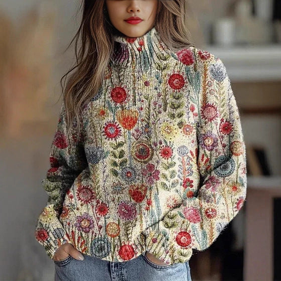 Elegant 3D Floral Print Turtleneck Sweater - Cozy Long Sleeve Pullover