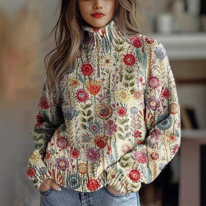 Elegant 3D Floral Print Turtleneck Sweater - Cozy Long Sleeve Pullover