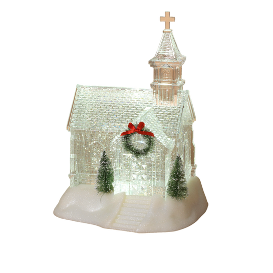 Lighted Church Waterglobe with Spinning Water