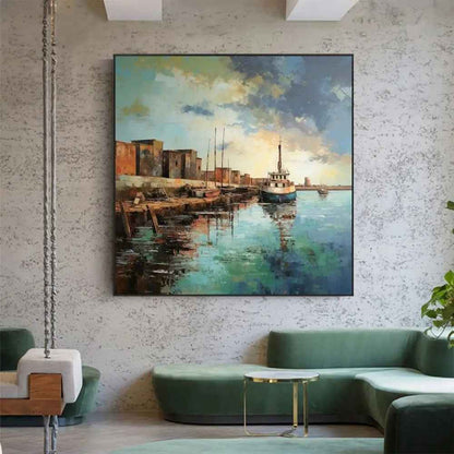 Landscape Oil Painting On Canvas Abstract Pier Scenery Wall Art Custom Boat Painting Bedroom Large Wall Decor Gift Painting