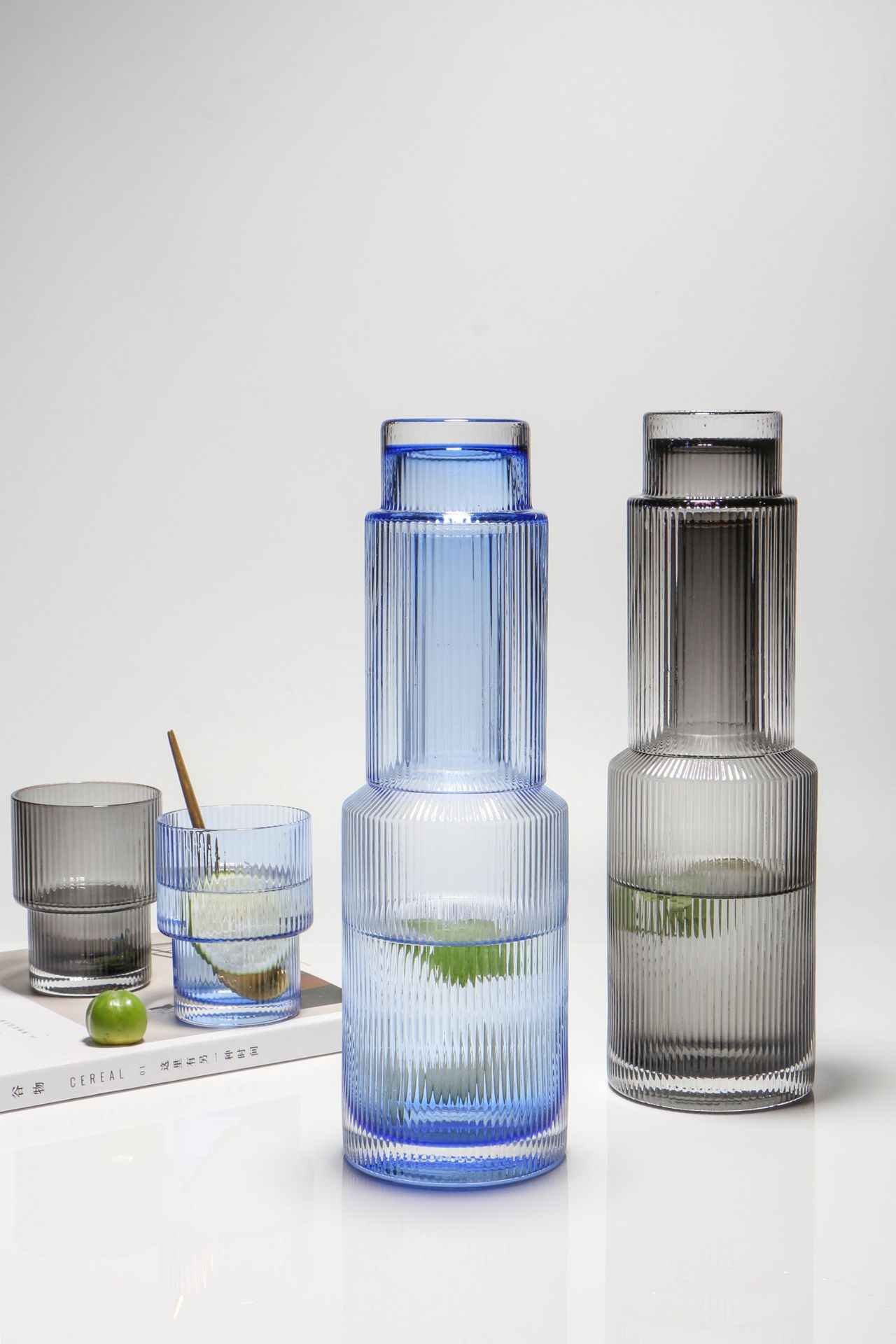 Wholesale Household Ins Japanese Style Simple Dense Ribbed Soot Vertical Stripes Crystal Glass Cold Kettle Water Cup Set