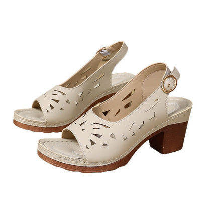 Retro-style Hollow-out Fashionable Fish-mouth Sandals With A Buckle For Outerwear