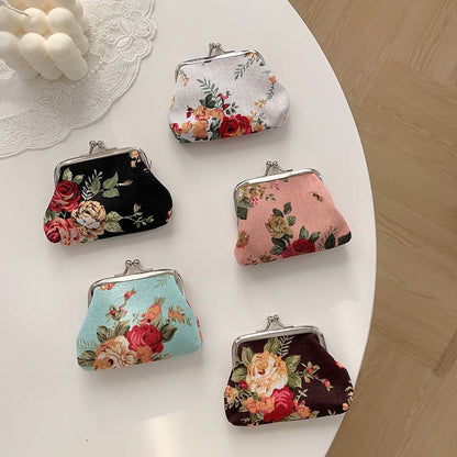 Retro Mini Canvas Coin Purse - Vintage Floral Plaid Small Zipper Wallet Organizer