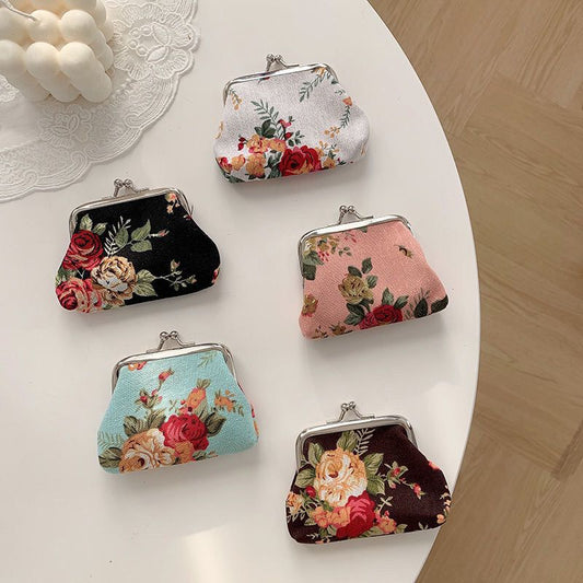 Retro Mini Canvas Coin Purse - Vintage Floral Plaid Small Zipper Wallet Organizer