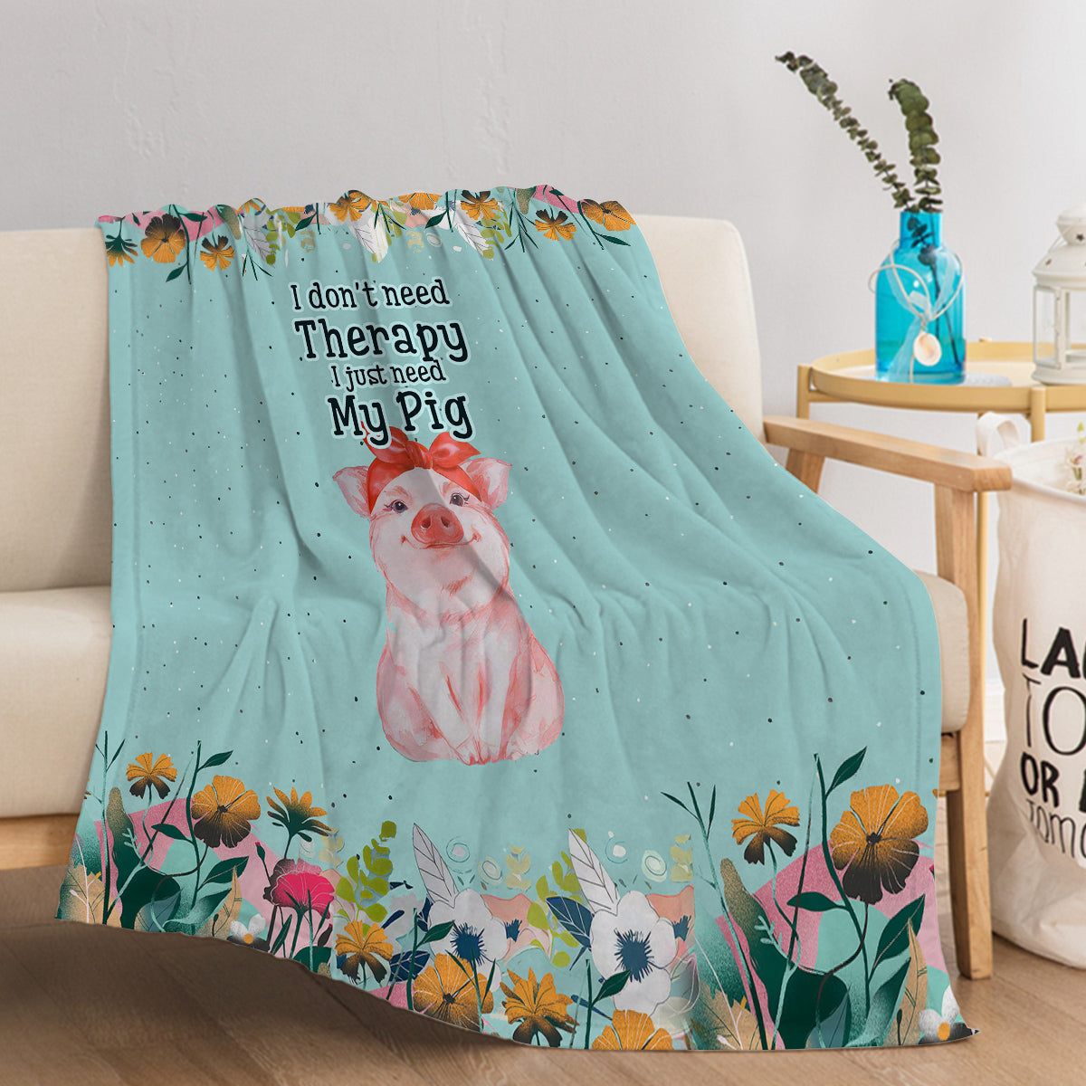 1pc Cute Blue Background Pig Soft Printed Flannel Sofa Blanket, Comfortable And Warm For Home Use, Suitable For Bed, Sofa, Camping And Multi Scene Seasonal Use