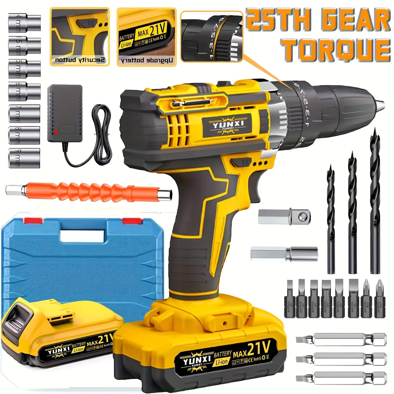 21V Multi-function Impact Drill Set Wireless Power w/ Battery And Quick Charger