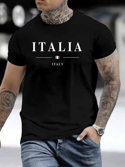 ITALIA Mens TShirt Comfortable Crew Neck Casual Cotton ShortSleeves Soft Breathable Top Menswear Tshirt Summer Spring Streetwear Cotton Fabric Trendy Letter Print