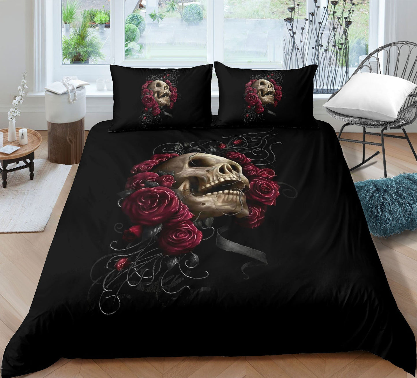 Fashion Skull 3D Digital Printing Skull Three-piece Set Bed Sheet Quilt Cover Pillowcase