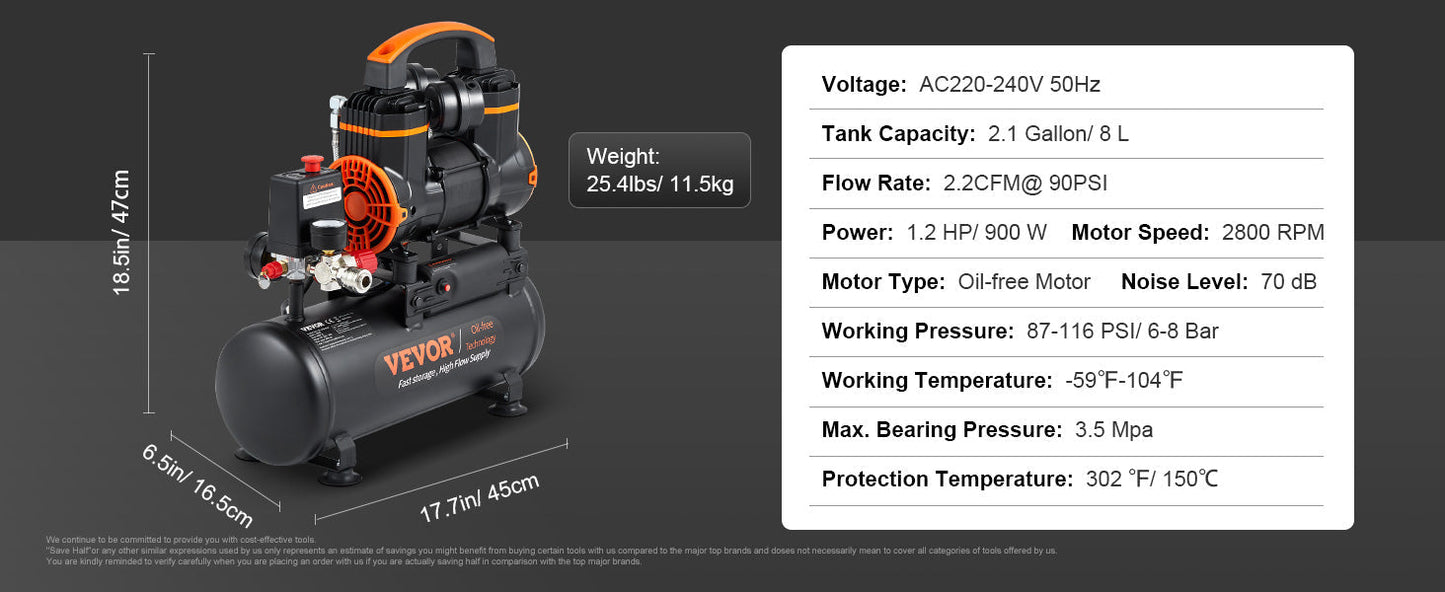 VEVOR Silent Air Compressor 900W 1450W 1800W Quiet Oil-free Portable Air Pump for Home Repair Tire Inflation Whisper Compressor